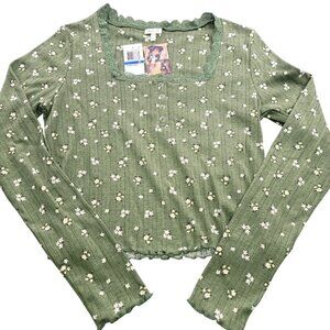 Self Esteem Green Floral Long Sleeve Square Neck Henley Knit Top Junior's XL